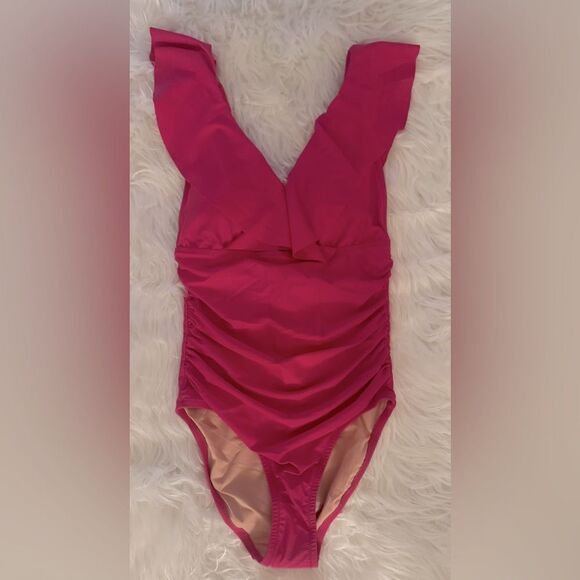NWT J. Crew Ruched Ruffle One-Piece Swimsuit in Radiant Fuchsia - Picture 3 of 11